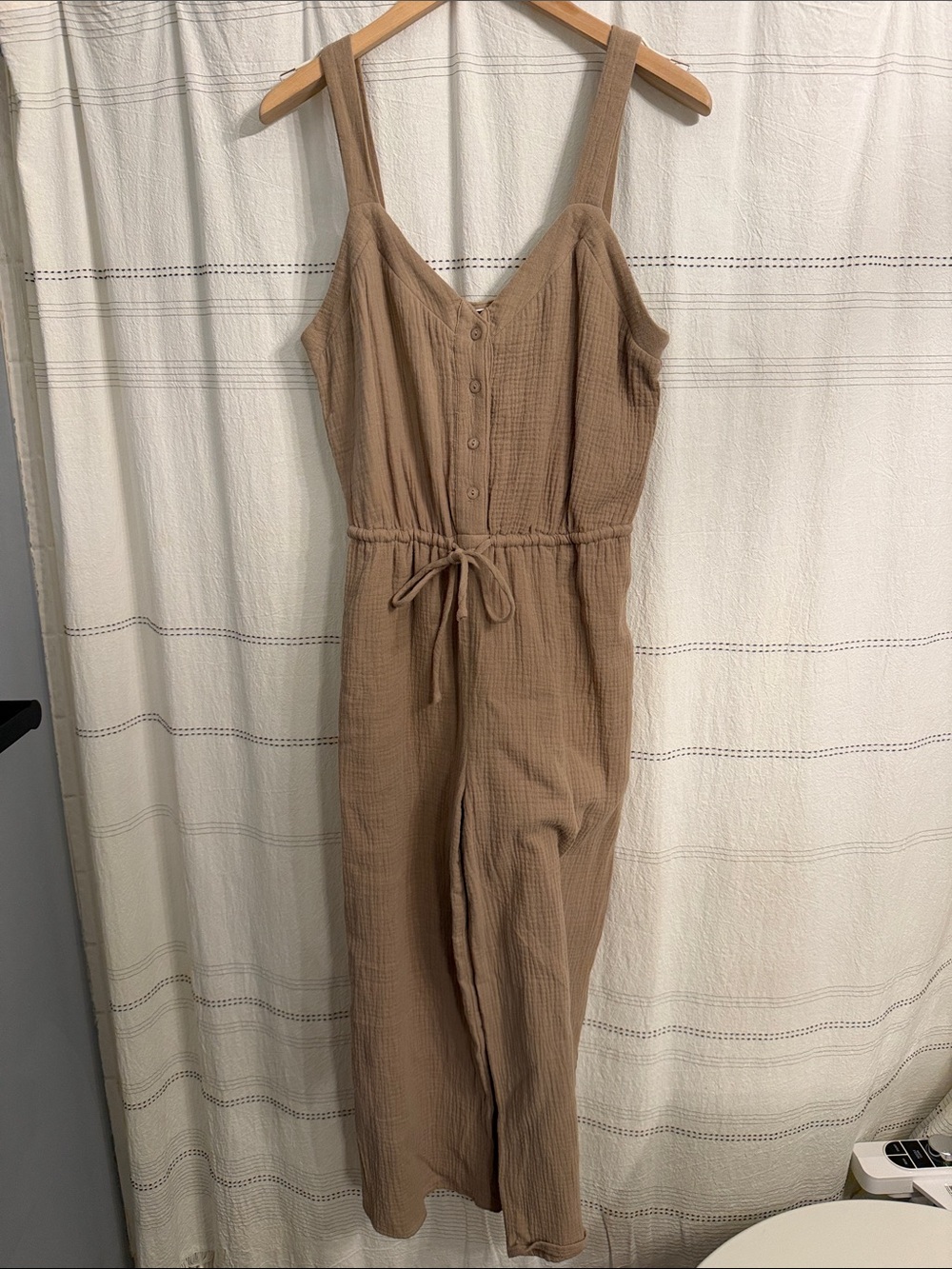 Blue Blush Tan Button-Front Tie-Waist Jumpsuit
